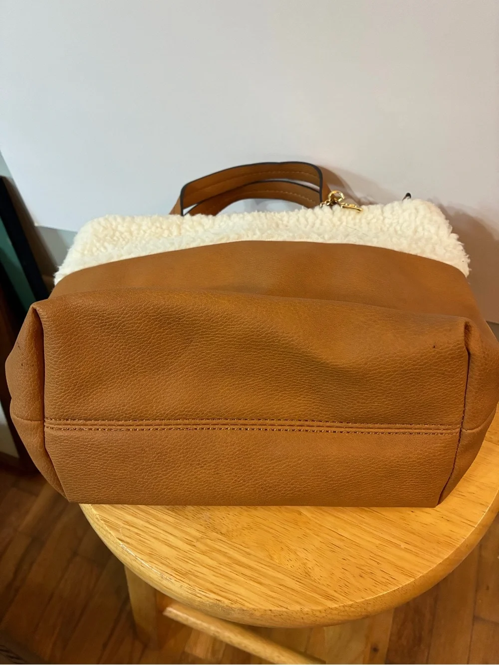 Nanette Lepore Tan Tote with Cream Sherpa Trim and Gold Tag
